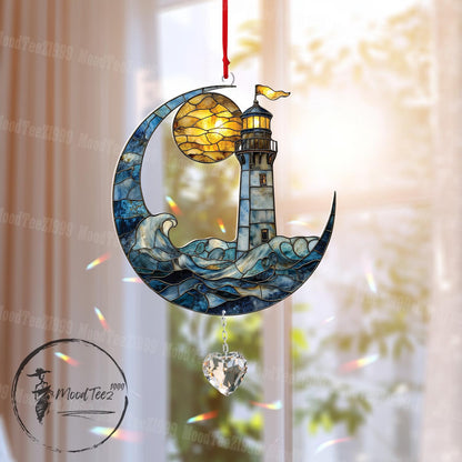 Lighthouse Window Hanging with Crystal, Crescent Moon and Ocean Wave Design, Nautical Window Decoration for Coastal Home,Gift or Beach Lover
