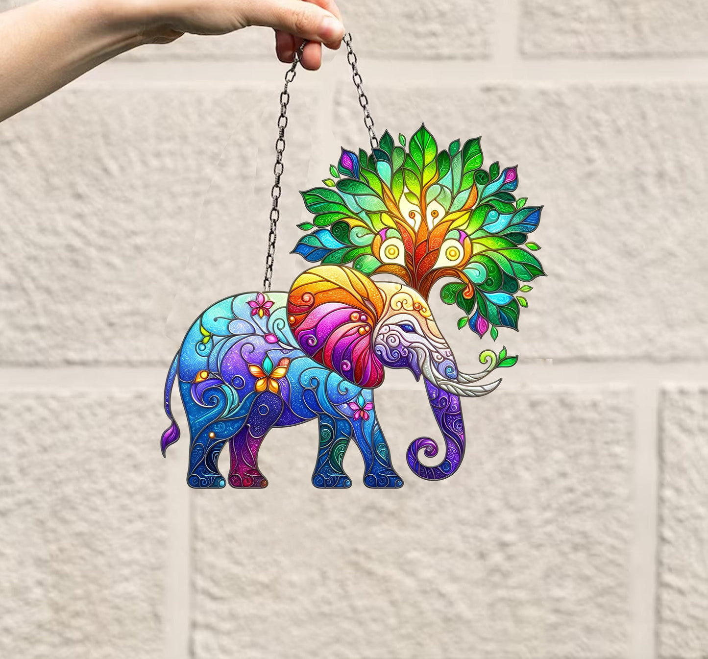 Elephant Tree Window Hanging, Faux Stained Glass Suncatcher, Boho Animal Decor, Vibrant Home Accent, Unique Nature-Inspired Gift, Mom Gift