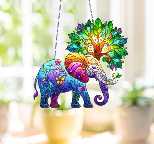 Elephant Tree Window Hanging, Faux Stained Glass Suncatcher, Boho Animal Decor, Vibrant Home Accent, Unique Nature-Inspired Gift, Mom Gift