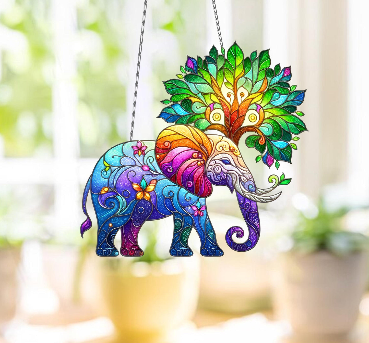 Elephant Tree Window Hanging, Faux Stained Glass Suncatcher, Boho Animal Decor, Vibrant Home Accent, Unique Nature-Inspired Gift, Mom Gift