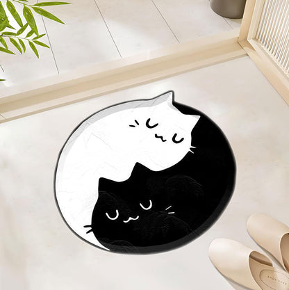 Yin Yang Cat Rug – Cute Black & White Cat Mat, Aesthetic Kawaii Home Decor, Soft and Cozy Round Carpet Polyester Rug