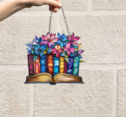 Floral Book  ACRYLIC Window Hanging, Book Lover decor, Gift for her, Book Club Gift, Book Reader Gifts, Book Club Ornament Wall Art