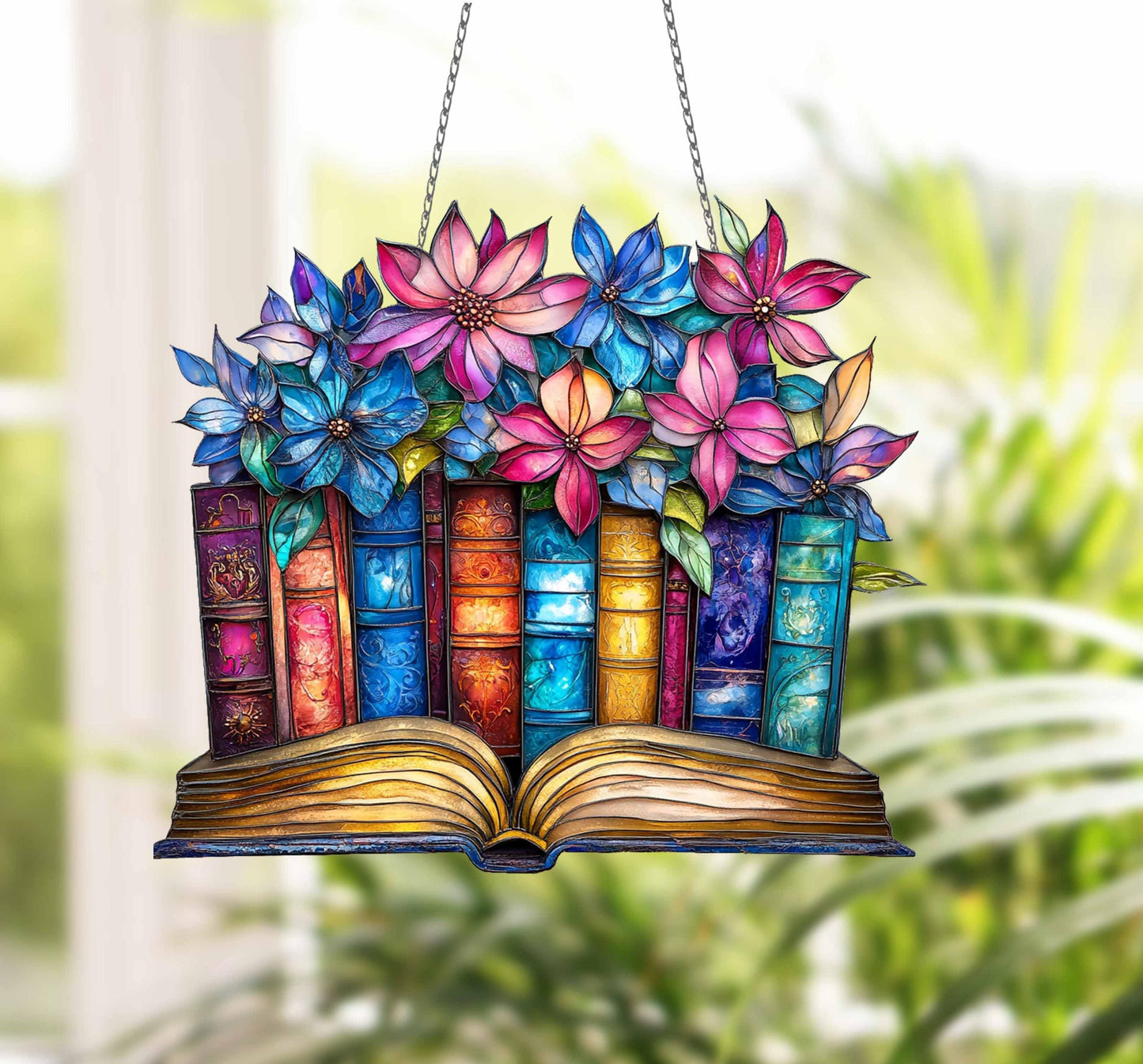 Floral Book  ACRYLIC Window Hanging, Book Lover decor, Gift for her, Book Club Gift, Book Reader Gifts, Book Club Ornament Wall Art