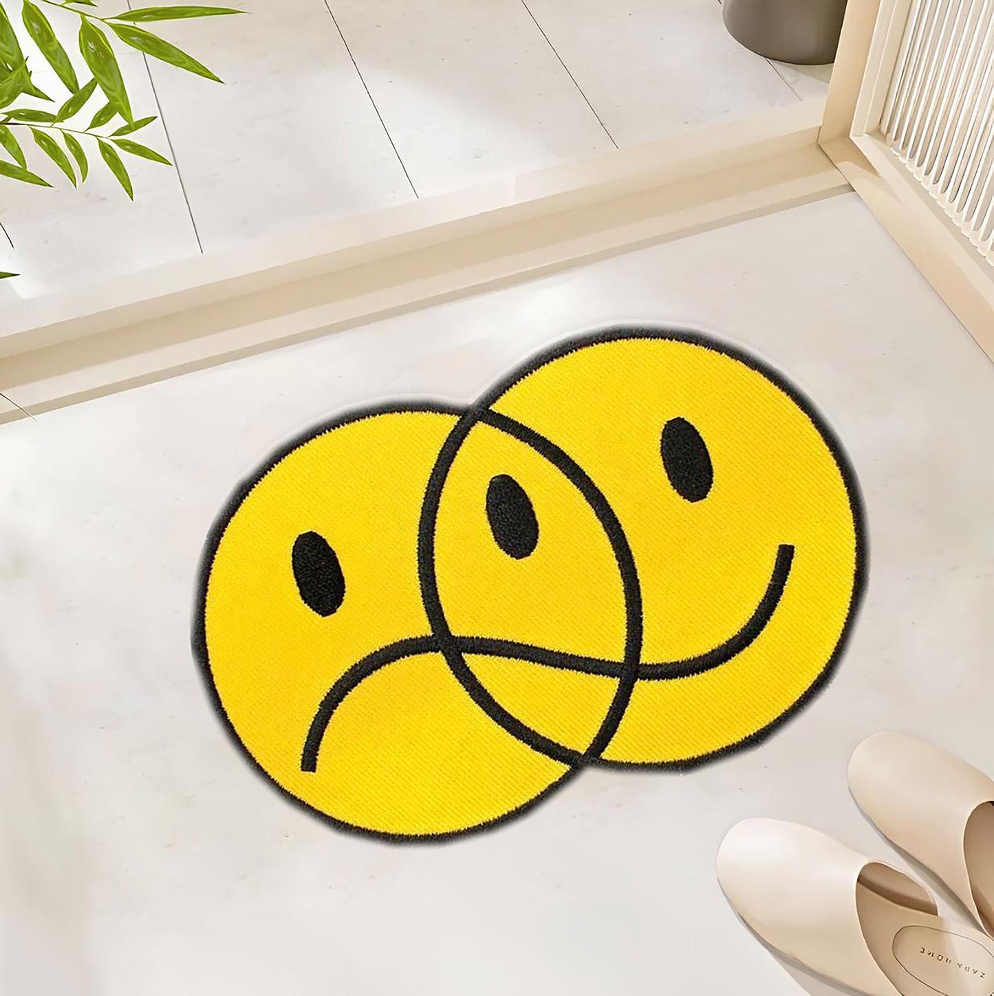 Dual Mood Smiley Face Rug – Happy & Sad Overlapping Aesthetic Mat Polyester Rug