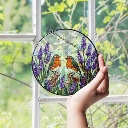 Two robins with lavender floral stained glass round suncatcher window hanging gift for mom