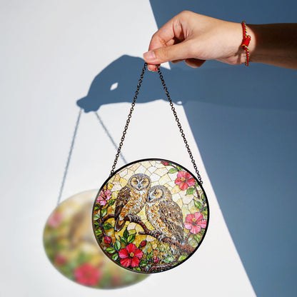two owls on branch floral stained glass window hanging bird art gift for mom or grandma nature lovers