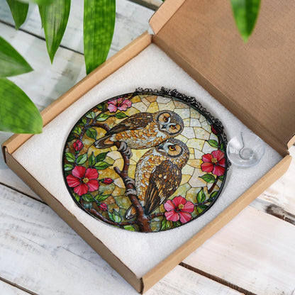 two owls on branch floral stained glass window hanging bird art gift for mom or grandma nature lovers