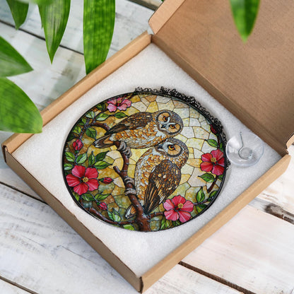 two owls on branch floral stained glass window hanging bird art gift for mom or grandma nature lovers