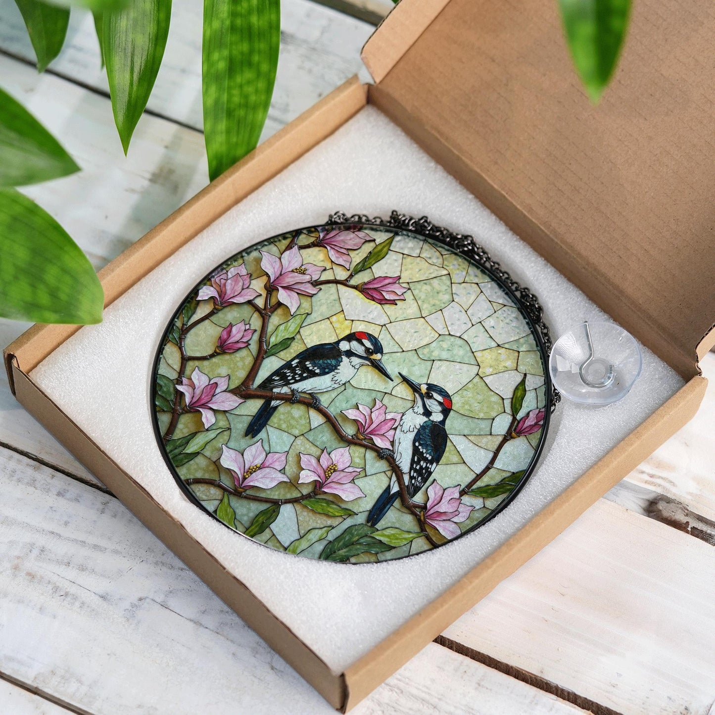 woodpeckers on magnolia branches stained glass style window suncatcher gift for mom