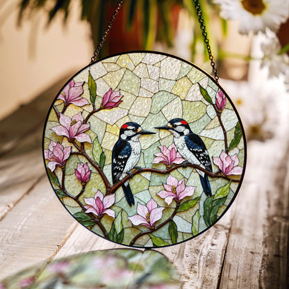 woodpeckers on magnolia branches stained glass style window suncatcher gift for mom