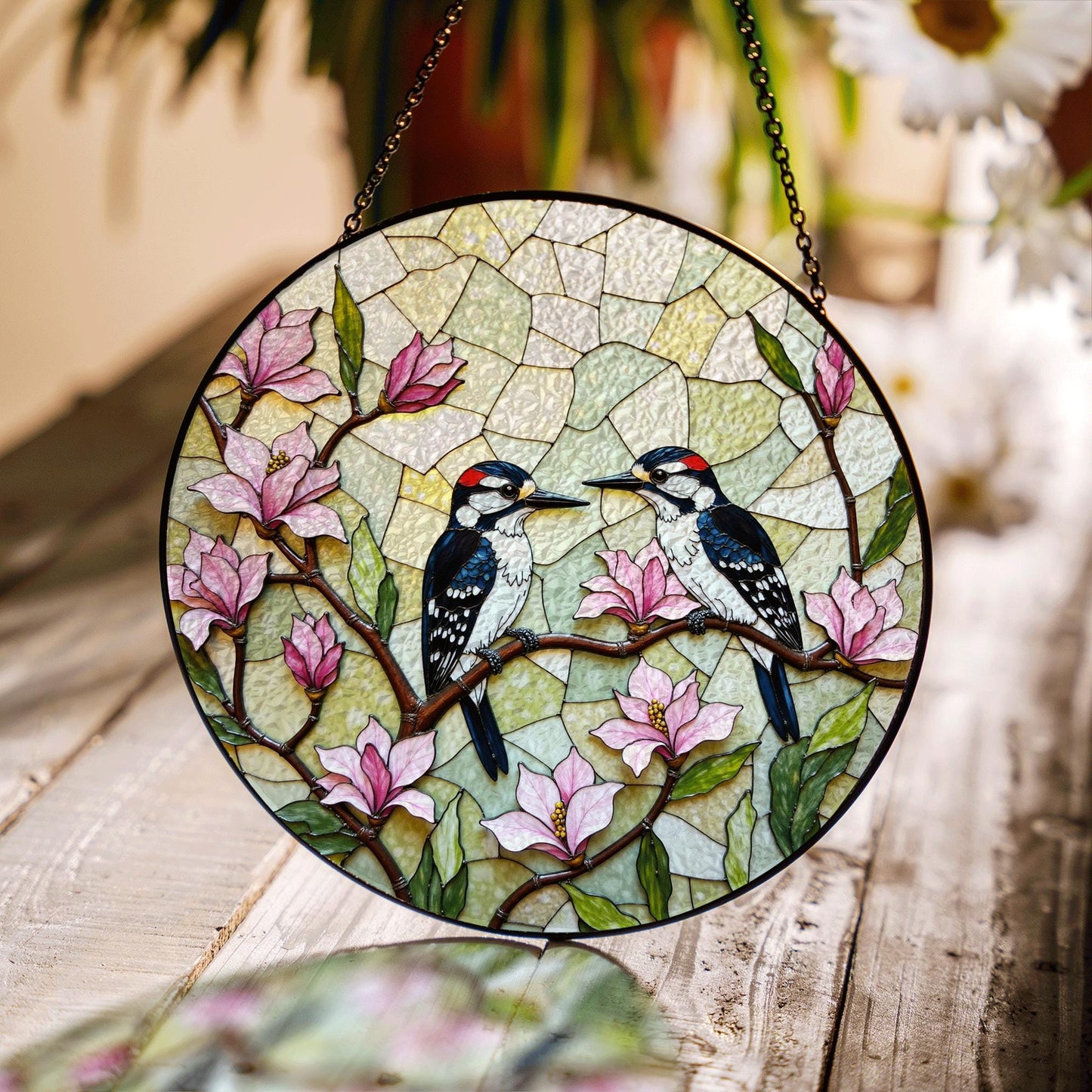 woodpeckers on magnolia branches stained glass style window suncatcher gift for mom