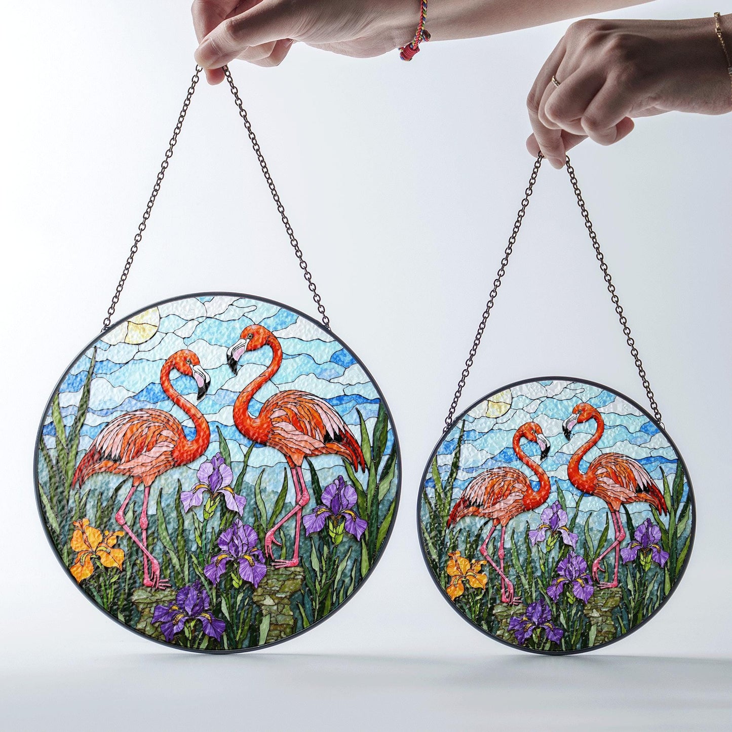 Flamingo Garden Scene Stained Glass Window Hanging Sun Catcher Gift for Bird Lovers
