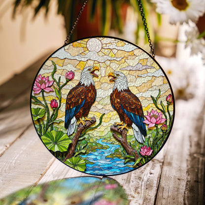 bald eagles in forest stained glass round suncatcher unique window decor gift for dad