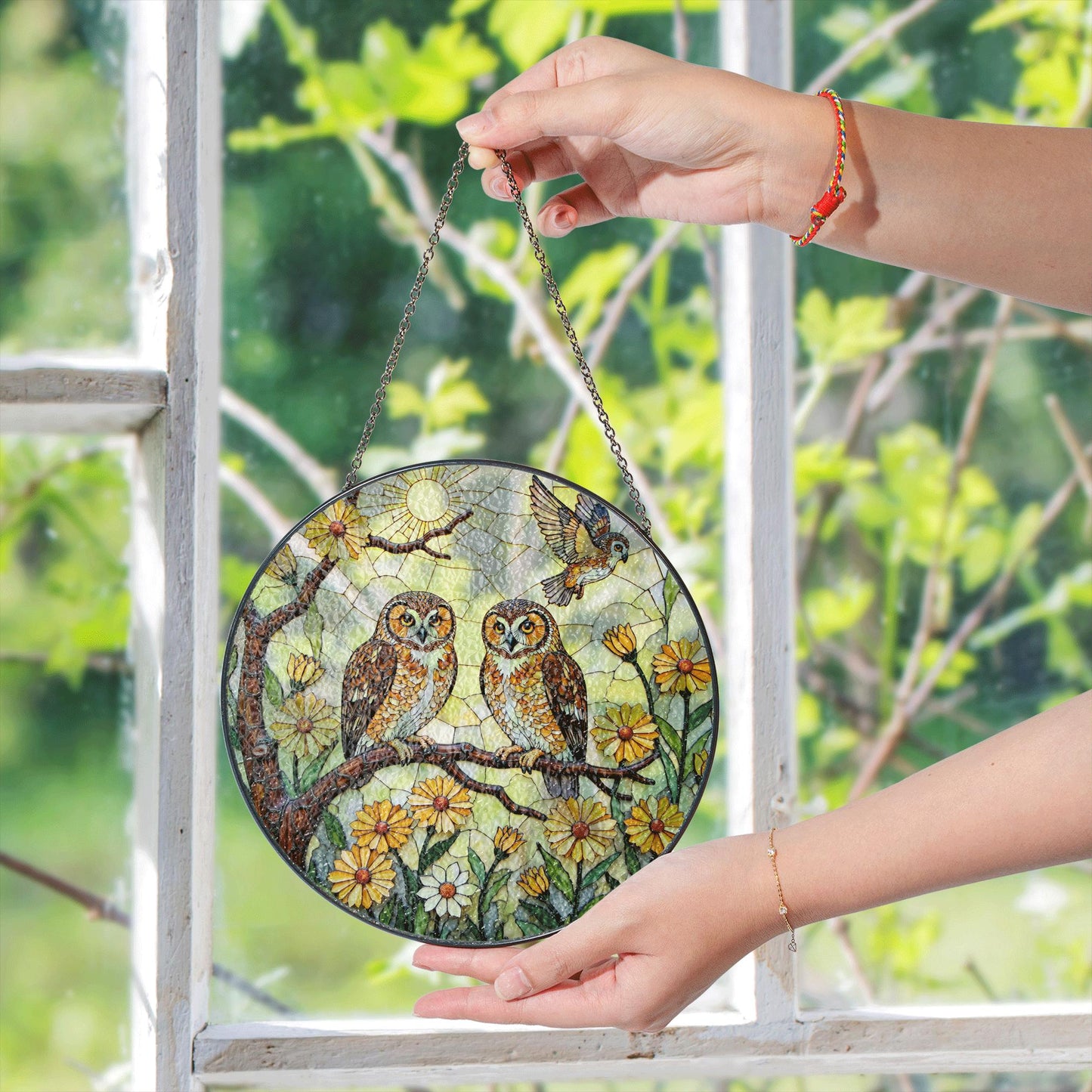 Two Owls on Flowering Branch Round Suncatcher Stained Glass Gift for Bird Lovers