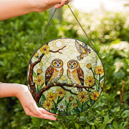Two Owls on Flowering Branch Round Suncatcher Stained Glass Gift for Bird Lovers