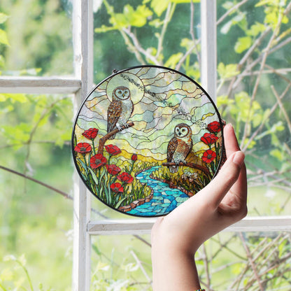 two owls river poppy field stained glass suncatcher forest art decor gift for bird lover