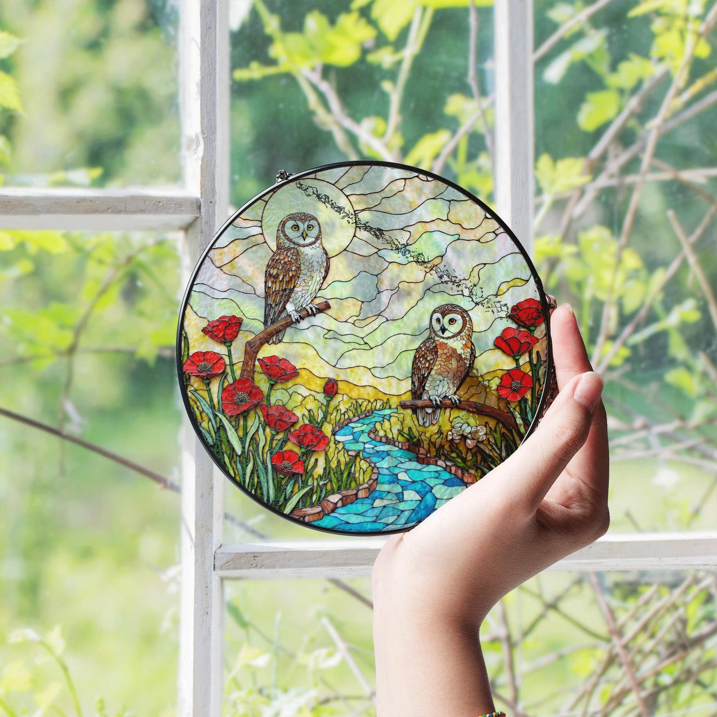 two owls river poppy field stained glass suncatcher forest art decor gift for bird lover