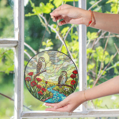 two owls river poppy field stained glass suncatcher forest art decor gift for bird lover