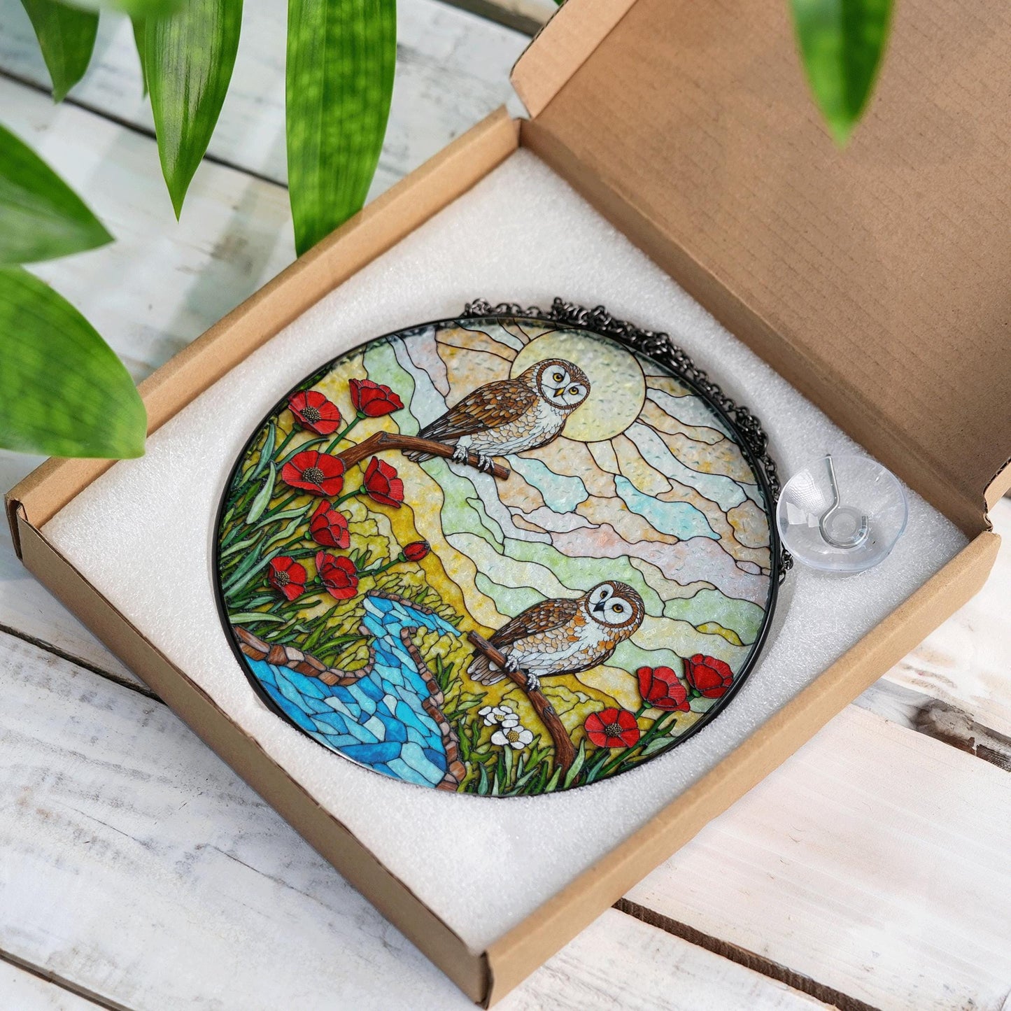 two owls river poppy field stained glass suncatcher forest art decor gift for bird lover