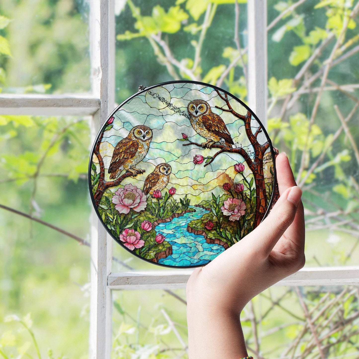 Three owls on branches forest creek scene stained glass suncatcher woodland window decor gift for grandma