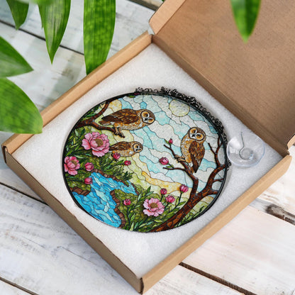 Three owls on branches forest creek scene stained glass suncatcher woodland window decor gift for grandma