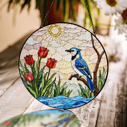Blue jay red tulips stained glass suncatcher handmade window decor gift for bird lover friend