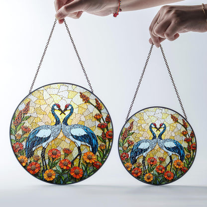 Two Cranes with Heart Shape Sun Catcher Stained Glass Window Decor Wedding Gift