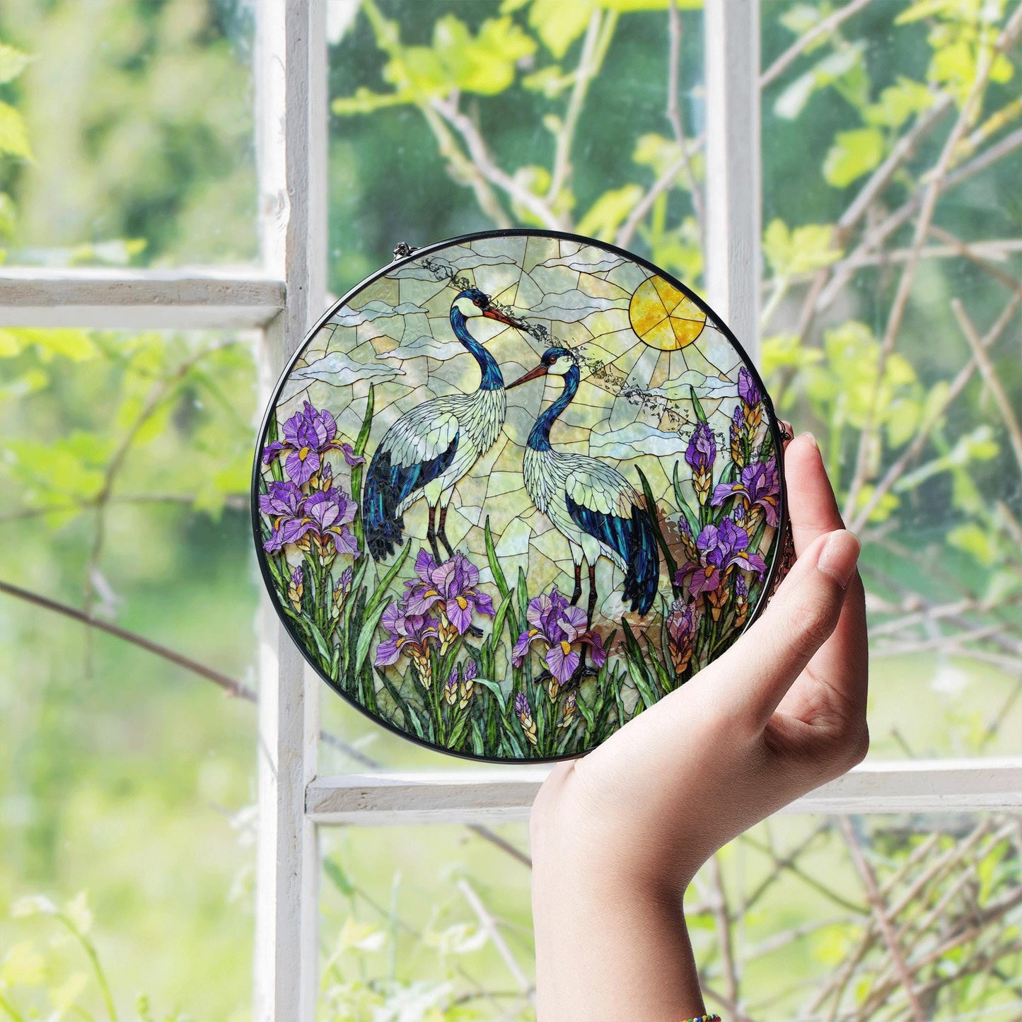 Crane and iris glass art round stained suncatcher window decor perfect gift for mom