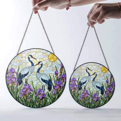 Crane and iris glass art round stained suncatcher window decor perfect gift for mom