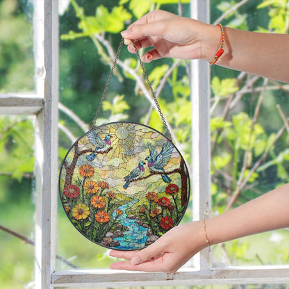 Bluebirds River Flowers Sun Catcher Window Hanging Garden Decor Gift for Bird Lovers