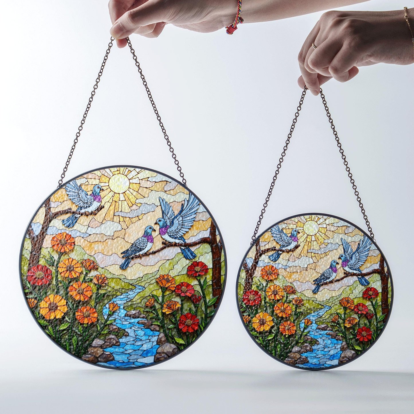 Bluebirds River Flowers Sun Catcher Window Hanging Garden Decor Gift for Bird Lovers