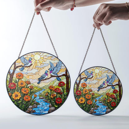Bluebirds River Flowers Sun Catcher Window Hanging Garden Decor Gift for Bird Lovers