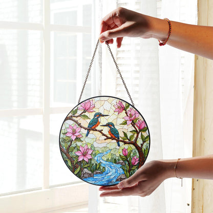 kingfishers on branch stained glass suncatcher bird window decor gift for bird lovers
