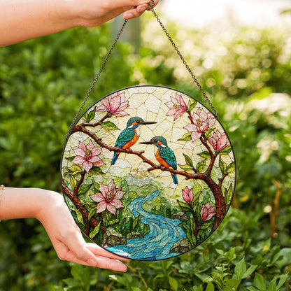 kingfishers on branch stained glass suncatcher bird window decor gift for bird lovers