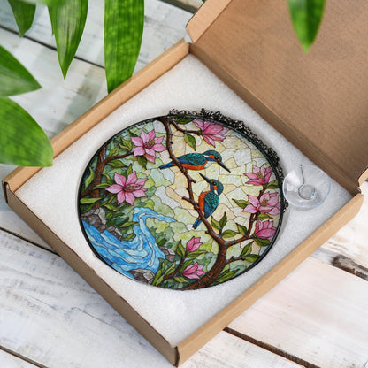kingfishers on branch stained glass suncatcher bird window decor gift for bird lovers