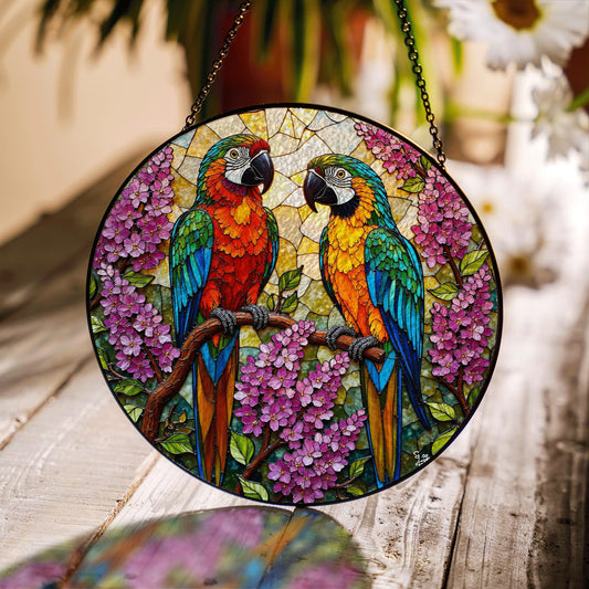 Colorful parrots with hydrangeas round suncatcher gift for bird lovers home decor