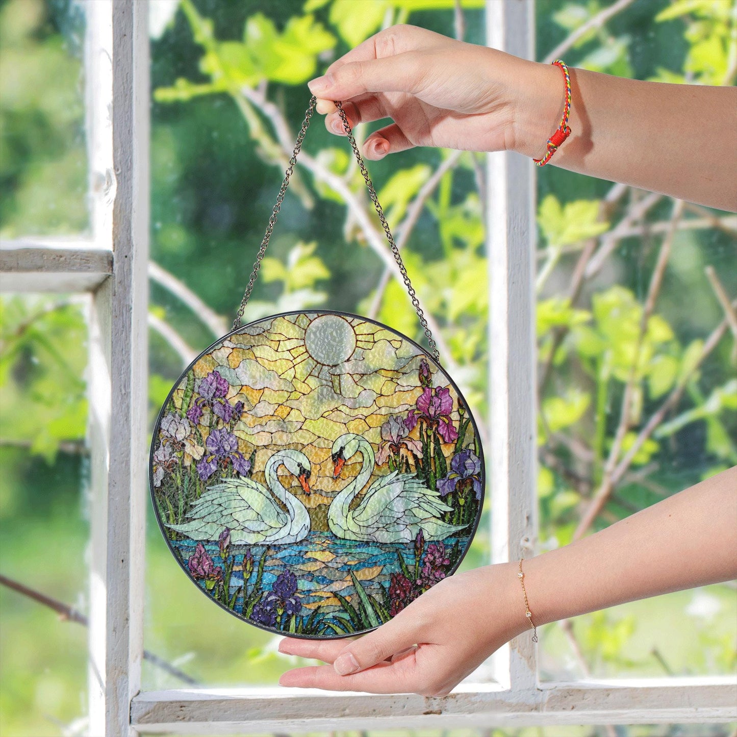 Romantic swan couple stained glass window decor love themed suncatcher gift for couples