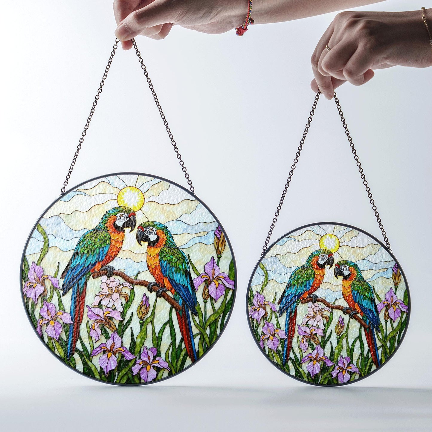Colorful Parrots Stained Glass Round Window Hanging Macaw Suncatcher Gift for Bird Lover