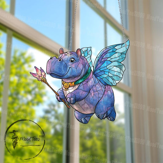 Cute Hippo Fairy Window Hanging Decoration with Magical Wings and Wand to Add Whimsy and Charm to Your Home or Nursery Decor