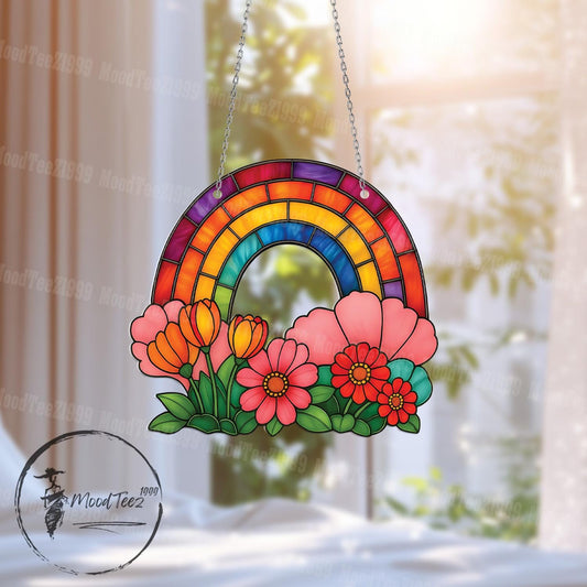 Rainbow Decor, Window Hanging, Floral Arch Art, Colorful Sun Catcher, Cheerful Room Accent, Bright Gift for Nature Lovers