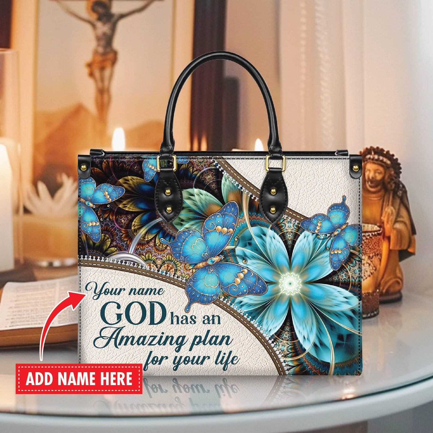 Personalized Leather Handbag Custom Name, Christian Gift, Gifts for Women, Amazing Plan for Your Life Bag, Butterfly & Flower Design