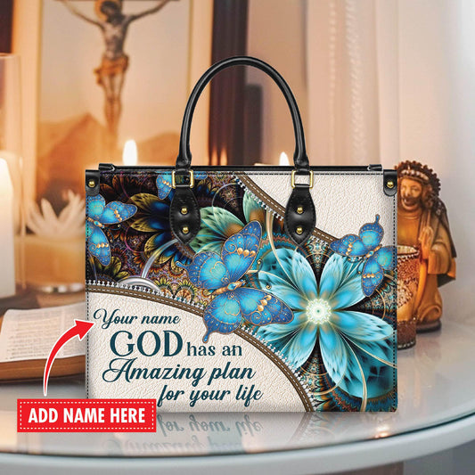 Personalized Leather Handbag Custom Name, Christian Gift, Gifts for Women, Amazing Plan for Your Life Bag, Butterfly & Flower Design