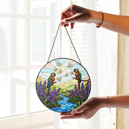 Colorful parrots butterflies and lavender stained glass suncatcher window hanging gift for bird lovers