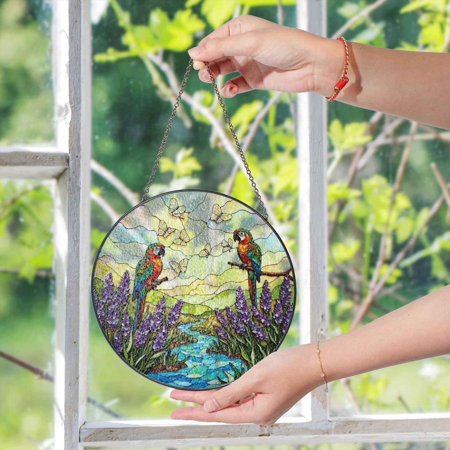 Colorful parrots butterflies and lavender stained glass suncatcher window hanging gift for bird lovers