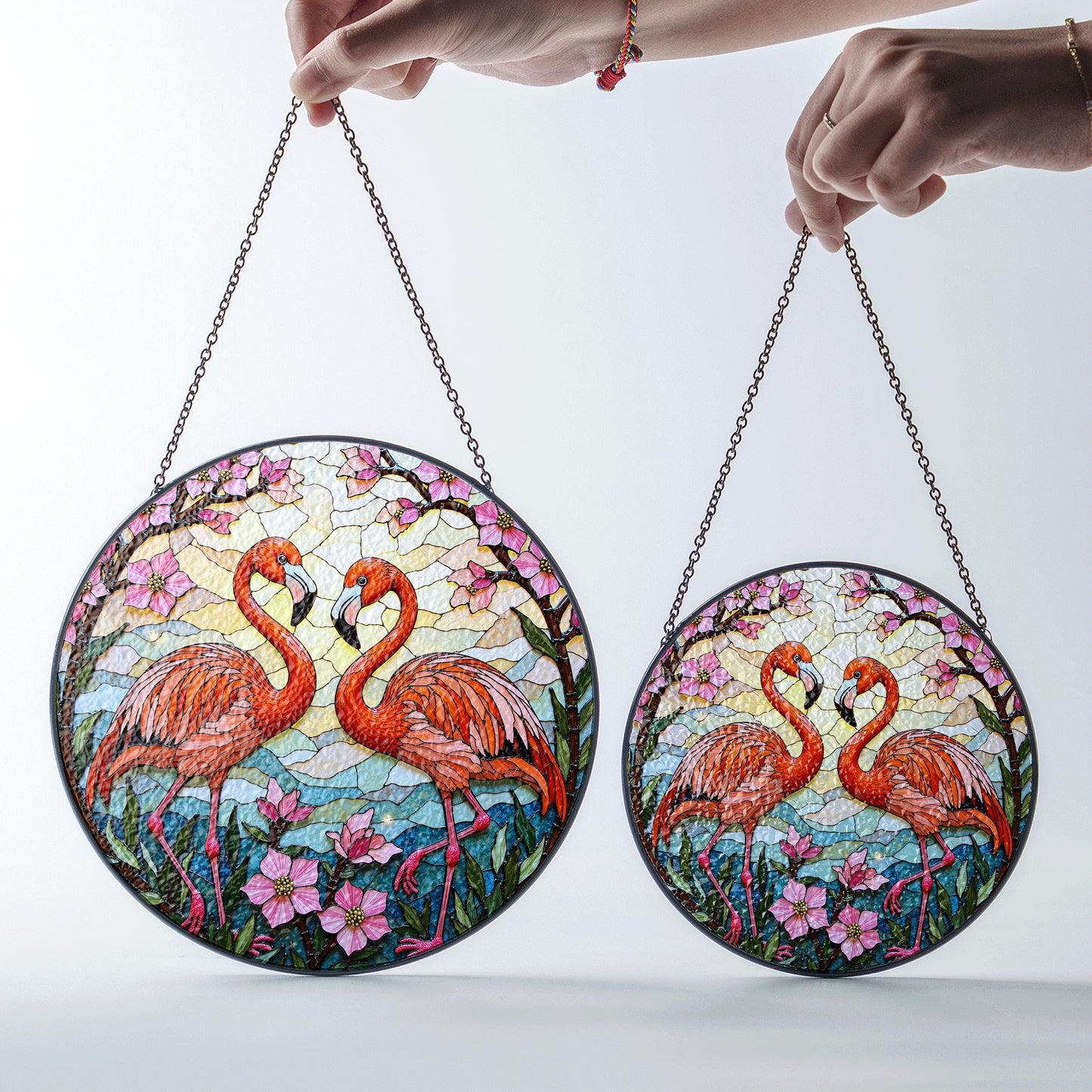 Two flamingos among pink flowers round stained glass suncatcher window decor for her
