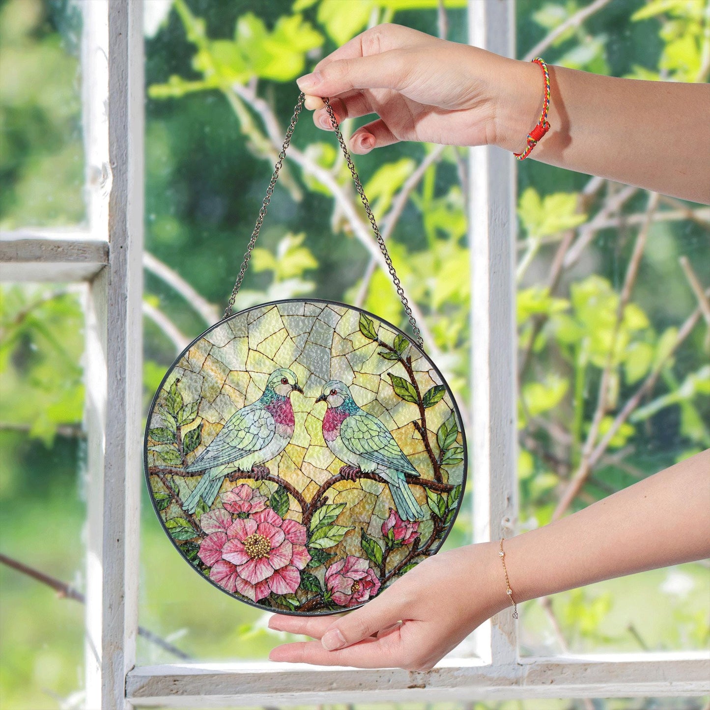 two pastel doves on floral branches stained glass suncatcher romantic window decor gift for anniversary couple