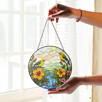 yellow birds flowers creek glass suncatcher round window decor gift for bird lovers