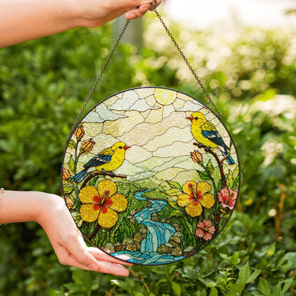 yellow birds flowers creek glass suncatcher round window decor gift for bird lovers