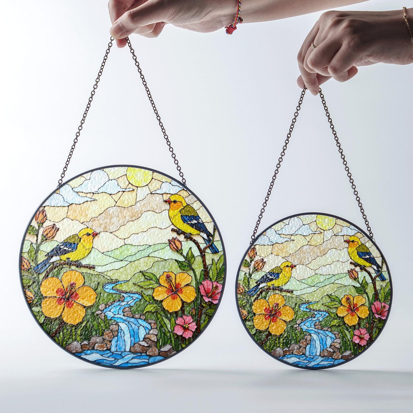 yellow birds flowers creek glass suncatcher round window decor gift for bird lovers