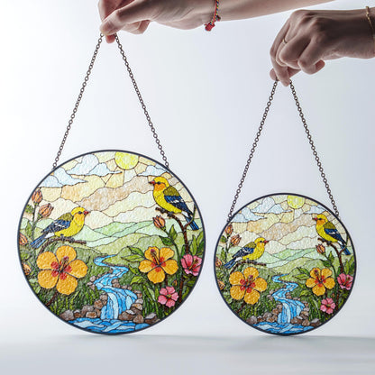 yellow birds flowers creek glass suncatcher round window decor gift for bird lovers